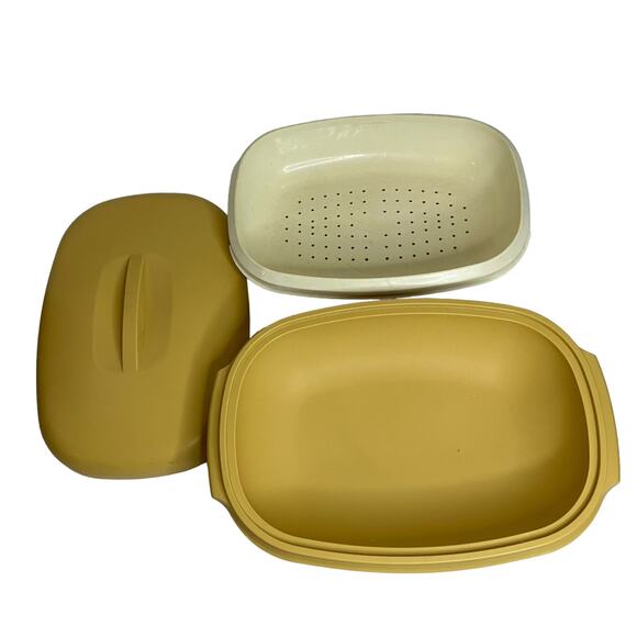 Vintage Tupperware #1273 3pc Microwave Vegetable Rice Steamer Harvest Gold - Picture 3 of 9